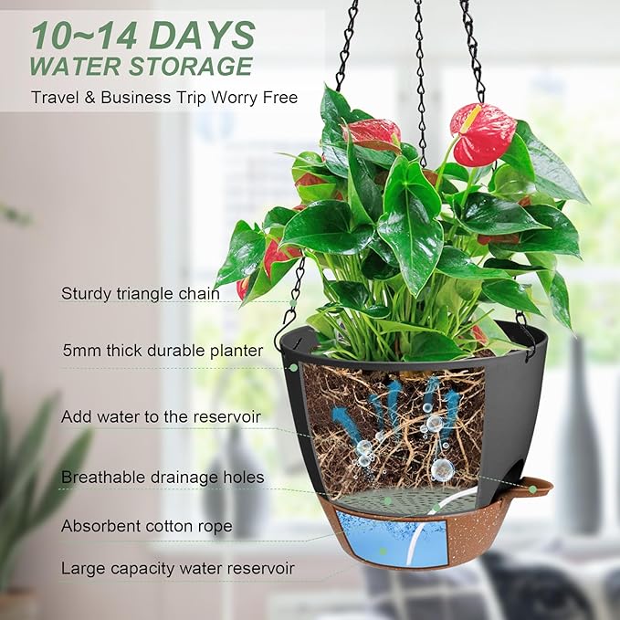 Vanslogreen Hanging Planters for Indoor Outdoor Plants, 1 Set Self Watering Hanging Pot with Drainage Holes & Removable Tray (Black-12inch, 12'')