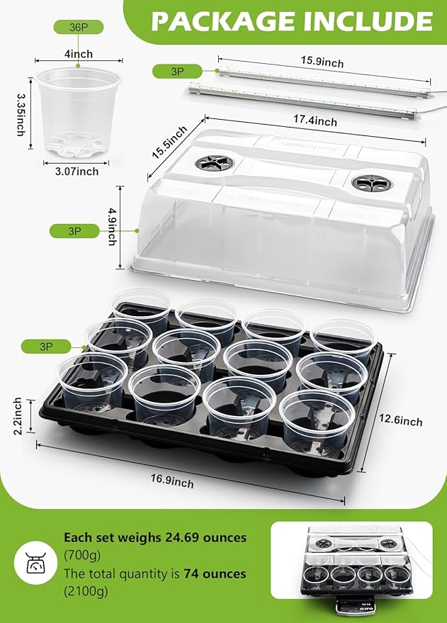 RooTrimmer 3 Pack 12 Cell Seed Starting Trays with Clear Domes and Growing Lights & 4 Inch Clear Seedling Pots 36 Pack, Plant Nursery Faster Propagation Kit 3 Sets for Seeds Vegetables Herbs