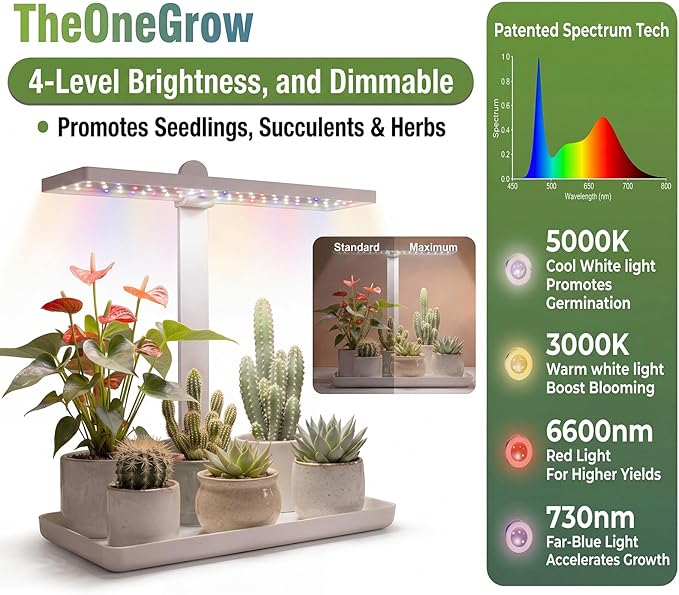 Desk Grow Light with Tray, Small Full Spectrum Plant Light for Indoor Plants, Adjustable Height Tabletop Grow Lamp for Succulents, Bonsai, Seedlings & Herbs, Auto 3/9/12H Timer, 4 Dimmable Levels