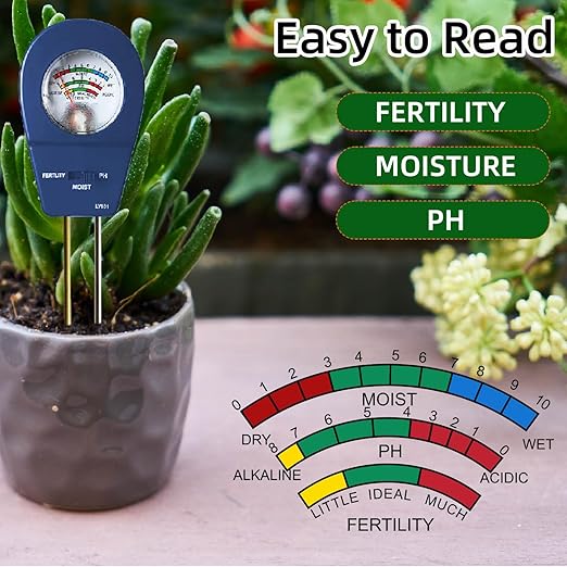 3-in-1 Soil Moisture Meter pH & Fertility Tester, No Battery Needed Plant Soil Test Kit for Houseplants, Garden, Lawn & Farm, Plug-and-Read Soil Acidity Meter for Indoor Outdoor Potted Plants (Blue)