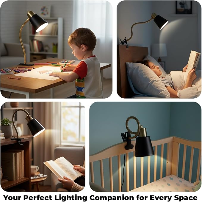 Desk lamp Eye-Caring Table Lamps, 360°Rotation Gooseneck Clip on Lamp Reading Light, Portable Reading Book Light, Clamp Light, Study Desk Lamps for Bedroom and Office Home Lighting (Black and Gold)