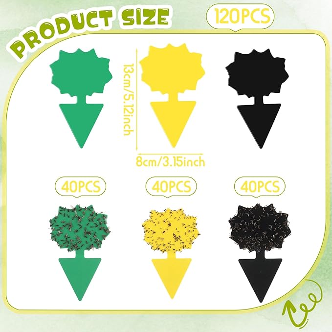 120 Pack Fruit Fly Traps Fungus Gnat Sticky Traps Yellow Black Green Plant Fly Stickers Double Side with Shovel for Indoor Outdoor Kitchen Garden Houseplant Flying Bug Insect (Flower)