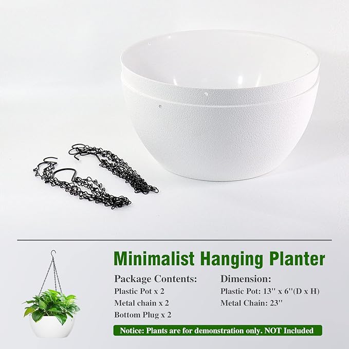 WSMKSZ 13 inch Large Hanging Planters Plant Pots for Outdoor Indoor Plants with Drainage Holes and Chain, 2 Pack Round Hanging Flower Pots for Garden Home Porch Decor, White