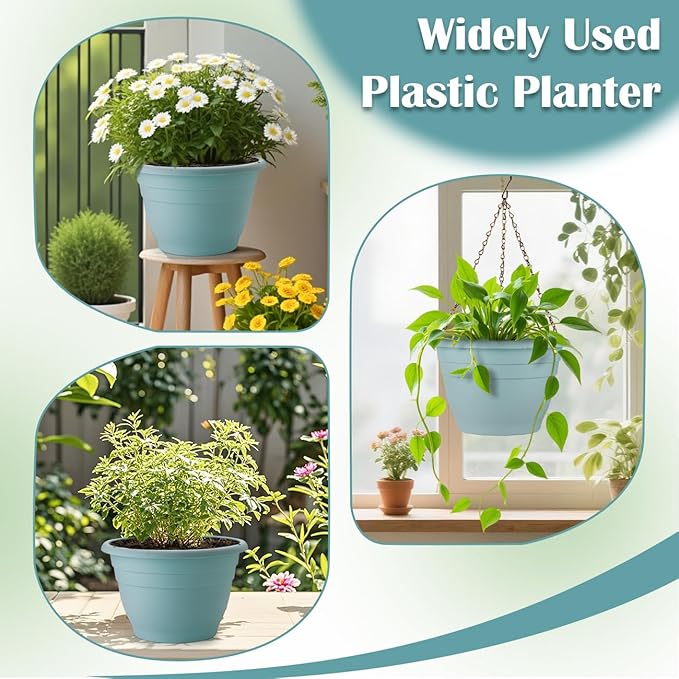 RooTrimmer 3 Pack 11 Inch Plant Pots with Drainage Hole and Plug, Durable Plastic Flower Pots for Indoor & Outdoor Plants, Elegant Mordern Plant Pots Perfect for Herbs, Flowers & Succulents, Blue