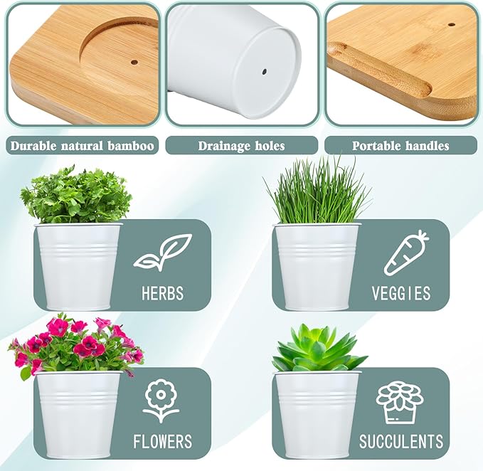 LemonRoad 6 Pcs Indoor Herb Planter Window Herb Pots for Kitchen with Drainage Hole and Bamboo Tray Farmhouse Metal Garden Planter Pot with DIY Label Mom Plant Gift(White,Round)