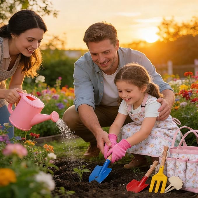 Kids Gardening Tools Set Toddler Gardening Kit with Apron & Tote Bag, Shovel, Fork, Trowel and Gloves, Outdoor Gardening Toys Easter Gifts for Children Ages 3-10