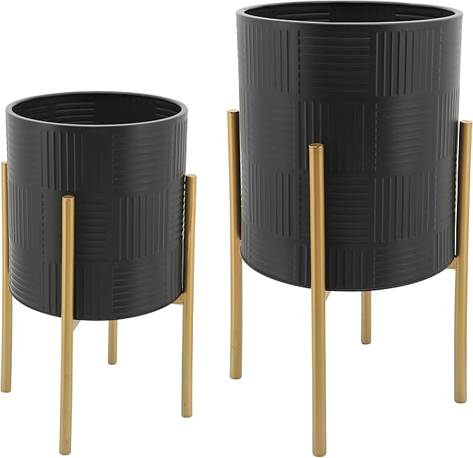 Decorative Flower Pots with Metal Stand for Home Decor - Modern Planters for Hallway, Entryway, and Living Room Decor - Indoor and Outdoor Pots for Plants - Set of 2, 23", 19", Black & Gold