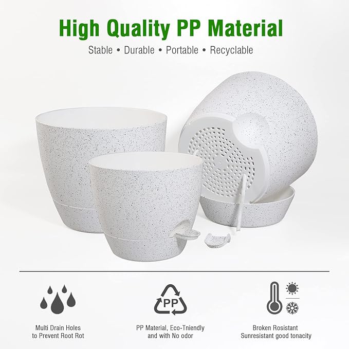 UOUZ Large Self Watering Pots, 12/10/9 Plastic Planters with High Drainage Holes and Deep Reservoir for Indoor Outdoor Garden Plants and Flowers, White Speckles
