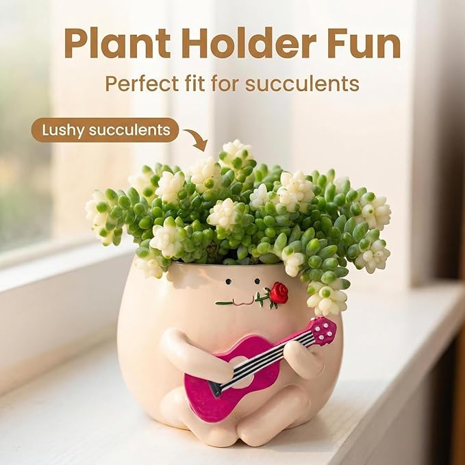 TEARS OF GAIA Lovely Face Planter Pot, Cute Resin Flower Head Planters with Drainage, for Mom, Funny Succulent Plant Lover Gift, Unique Gift Ideal for Plant Lovers (Guitar Baby)