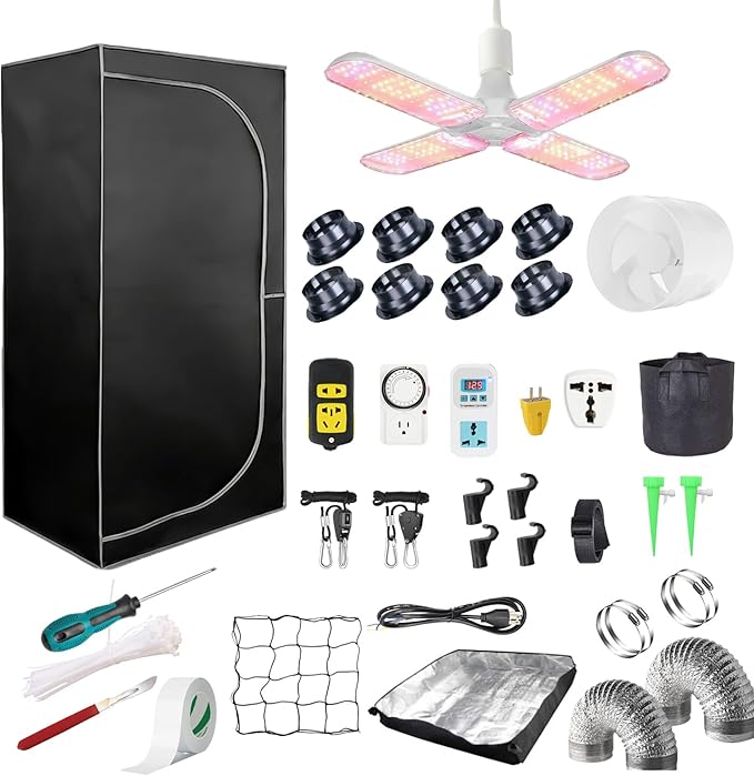 Complete Mylar Growing Tent, 3.3x3.3FT Grow Tent Kit 40"x40"x80" Indoor Plant Growing Room LED Full Spectrum Grow Light Ventilation Inline Fan + Acceseries