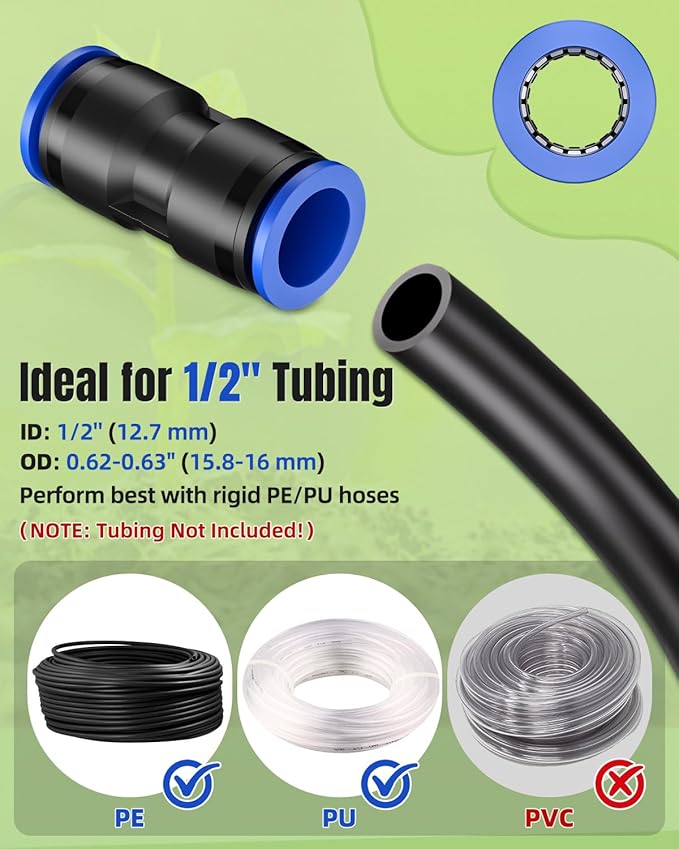 Pawfly 15 Pcs Quick Connect 1/2" Drip Irrigation Coupling Fittings for 1/2 Inch Irrigation Tubing (1/2" ID x 0.62-0.63" OD), Push-to-Fit 2-Way Straight Coupling Connectors, Drip Irrigation Parts