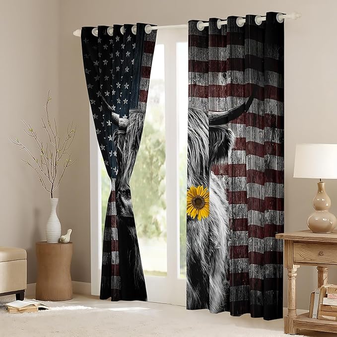 Feelyou Highland Cattle Window Curtains Bedroom Living Room Sunflower Highland Cow Curtains Kids Room Decor Boys Girls America Flag Bull Window Drapes Animal Window Treatments 42W X 84L，2 Panels