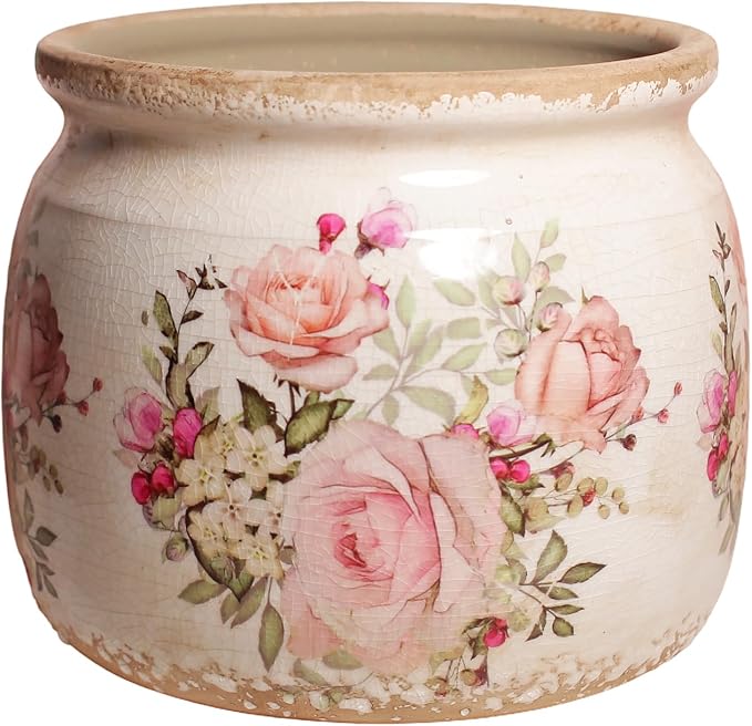 Xiaan Jiaju Ceramic Planter for Indoor Plants, 6.29 Inch Rose Pattern Crackle Glaze Flower Pot with Drainage Hole, Orchid Succulent Pots, European Farmhouse Bedroom Balcony Decor Gift, Pink