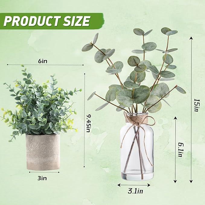 Coferset Artificial Eucalyptus Stems in Glass Vase with Faux Water, 15" Eucalyptus Fake Plants with Double-Sided Green Leaves for Home, Bathroom, Office, Farmhouse, Shelf Coffee Table Decor
