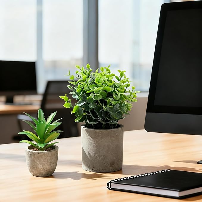 AUUGUU Artificial Potted Plants Faux Greenery in Cement Pots for Shelf, Bookshelf, Office or Home Decor, Small Decorative Fake Plants for Modern Indoor Display (9, XXXL)