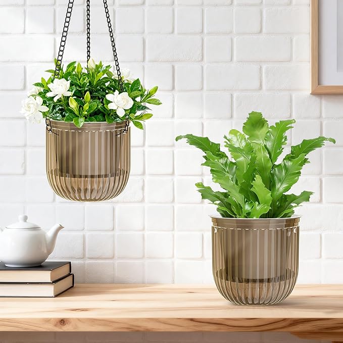 Halatool 2 Pack Hanging Planters Indoor Plant Pots, 6.5" & 8.3" Self Watering Hanging Basket Flower Pot, Translucent Plant Hanger with Drainage Holes for Garden Home Wall Decor (Starry Gray)