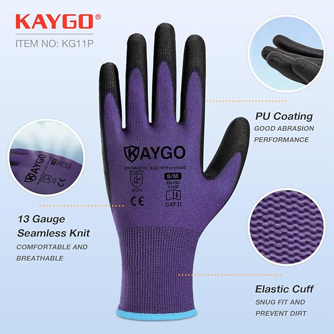 KAYGO Work Gloves for Men and Women,12 Pairs Seamless Knit PU Coated Safety Gloves, with Smooth Grip on Palm and Fingers, Ideal for Light Warehouse, Manufacturing, Gardening, KG11P (S, Purple)