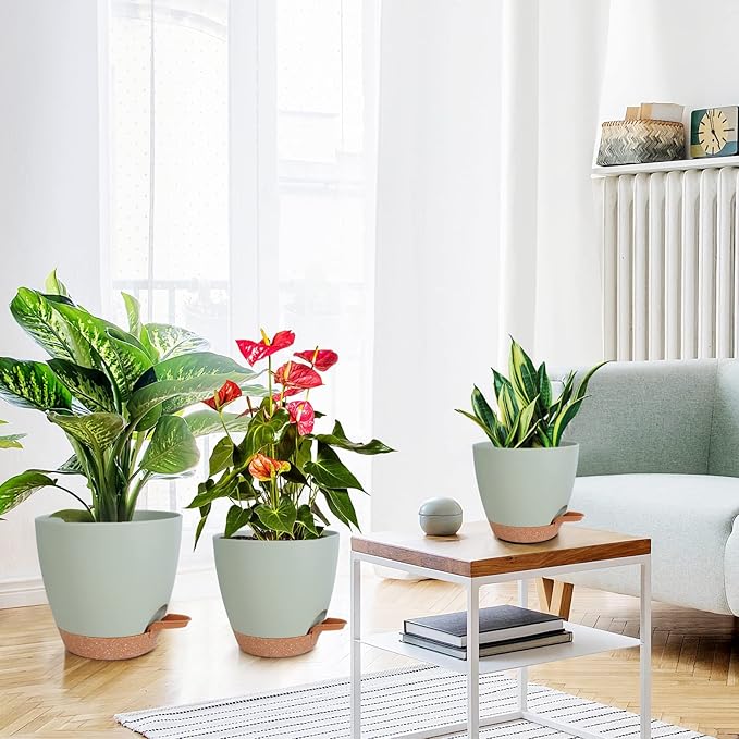 Vanslogreen Planters for Indoor Plants, 8/7/6.5/6/5.5/5 Inch Self Watering Planters with Drainage Hole, Plastic Planters Flower Pots for Indoor Outdoor Plants (Green)