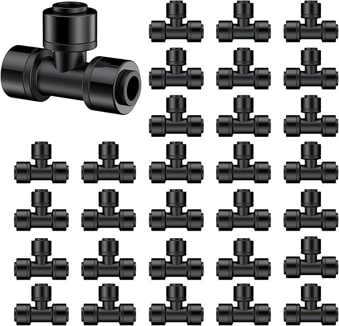 Pawfly 30 Pack Quick Connect 1/4" Drip Irrigation Tee Connectors, Push-to-Connect Drip Irrigation Tee Fittings for 1/4 Inch Irrigation Tubing & Sprinklers, Anti-Leak Drip Irrigation System Parts