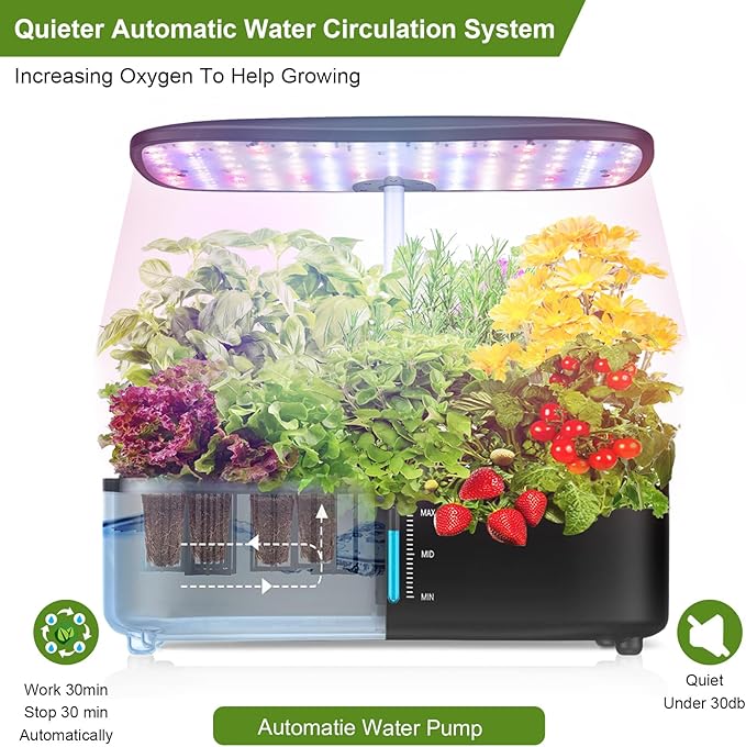 Indoor Garden Hydroponics Growing System, Herb Garden Kit Indoor with LED Grow Light Quiet Smart Water Pump Automatic Timer Healthy Fresh Herbs Vegetables - Hydroponic Planter for Home Kitchen Office