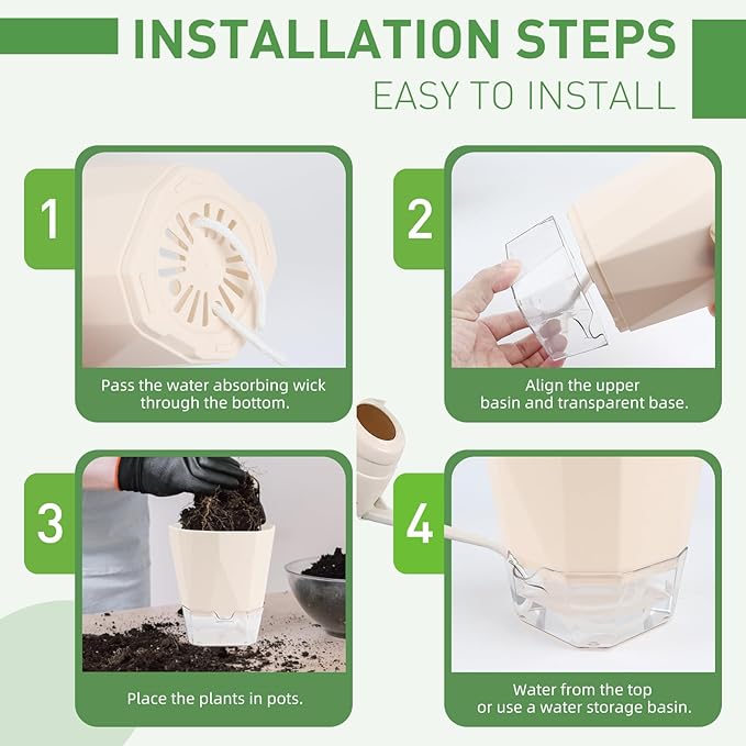6 Pack Self Watering Planter Pots, 5 Inch Plastic Planters with Drainage Holes, Cotton Rope and Clear Reservoirs, Decorative Flower Pots for Indoor Outdoor Plants (Cream)
