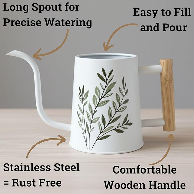 35 oz Metal Small Indoor Watering Can with Long Spout & Real Wood Handle for House Plants, Succulents, Cacti & Seedlings - White Long Spout Watering Can Indoor Plants - Stylish, Gentle Flow, No Spills