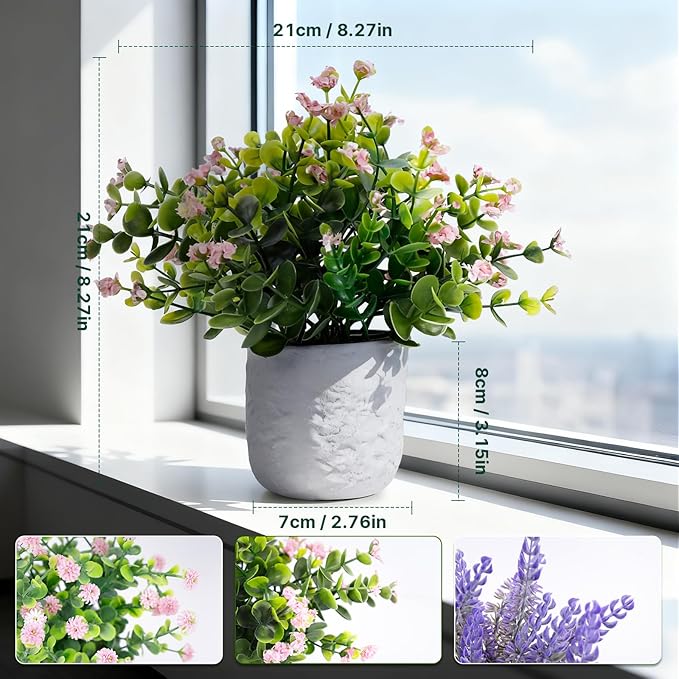 3-Pack Potted Artificial Plants, Small Eucalyptus Faux Plants for Shelf Desk Home Bathroom Farmhouse Room Coffee Table Decor (Pink Purple)