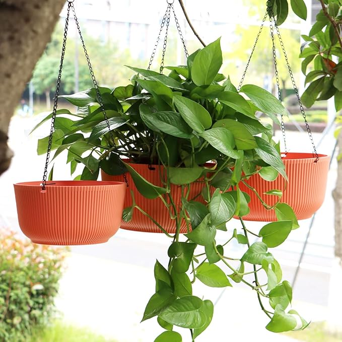RooTrimmer Hanging Planters 9/10/11 Inch for Indoor Plants, 3 Pack Plant Hanger Outdoor with Drainage Holes, Self Watering Hanging Basket Flower Pot for Garden Home Decor, Light Coral