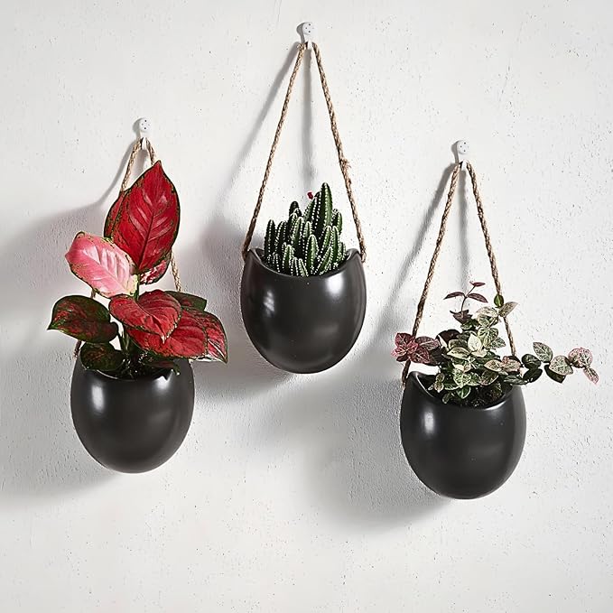 Set of 3 Small Ceramic Hanging Planters for Indoor Plants, Wall Decor for Bathroom Living Room Bedroom Home Kitchen Office Corridors