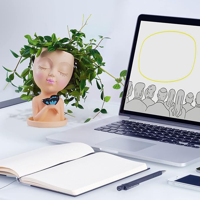 WEWEOW Face Planters for Outdoor Plants, Resin Succulent Pots with Drainage Hole Cute Lady Face Flower Pots