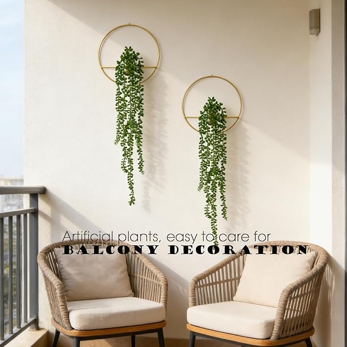 GREENTIME 2 Pack Artificial String of Pearls 22" Fake Hanging Plants with 8" Round Metal Wall Decor for Living Room Indoor Outdoor Bedroom UV Resistant No Maintenance Boho