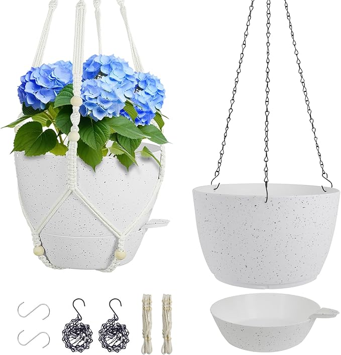 Meowell 10 inch Self Watering Hanging Planters, 2 Pack Hanging Baskets for Indoor Outdoor Plants, Hanging Flower Pots with Drainage Holes and 2 Kinds of Plant Hangers for Garden Decor, Speckled White