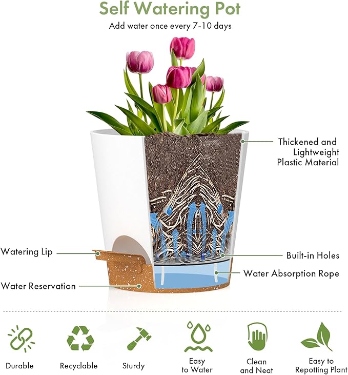 WSMKSZ 7/6.5/6/5.5/5/4 inch Self Watering Pots for Indoor Outdoor Plants, 6 Pack Plastic Flower Planters with Drainage Holes and Removable Saucers, Plant Pots with Wicking Rope, White Brown
