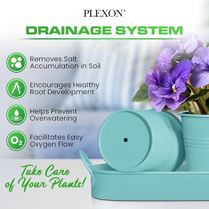 Plexon Herb Planter Indoor Garden Set of 3 with Tray, Metal Herb Pots for Indoor Plants, Round Kitchen Garden Kit Ideal for Windowsill Planter or Countertop, Aqua Mist Blue Powder Coated