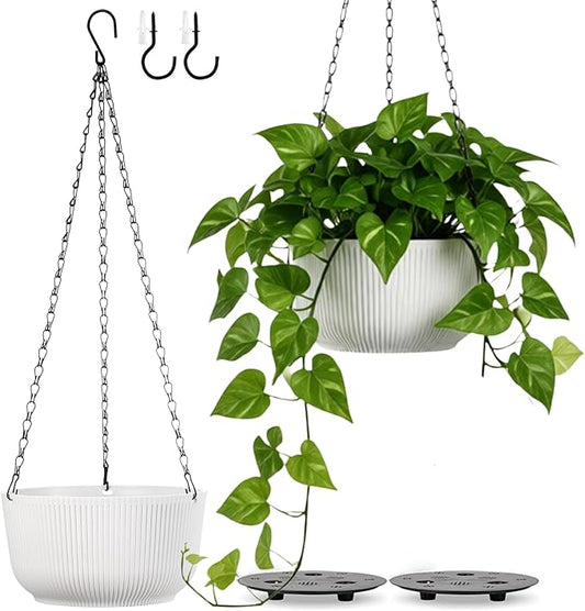 10 Inch Hanging Planters for Outdoor Indoor Plants, Set of 2 Self-Watering Hanging Plant Pots with Drainage Hole & Plug (Hooks)