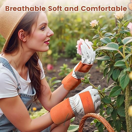 Gardening Gloves, Long Thorn Proof Garden Gloves for Women and Men, Goatskin Breathable Leather Work Gloves for Gardening, Pruning, Yard Work, Brown, XS