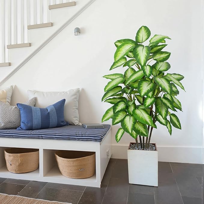 FLOWORLD Artificial Golden Dieffenbachia 4ft Tall Artificial Plants Indoor Decorative Silk Plants Potted Faux Tropical Tree Lifelike House Floor Large Fake Tree for Home Living Room
