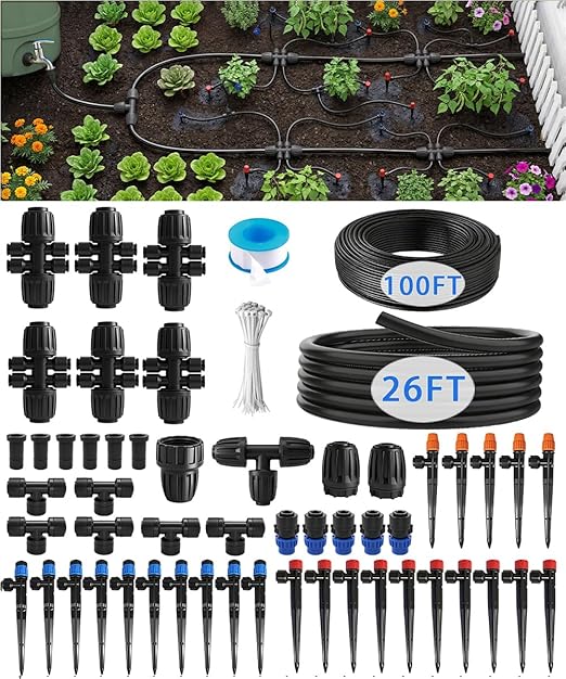 Fast-Lock Drip Irrigation System Kit for Garden Watering with 40 Adjustable Nozzles, Leak-Proof & Easy-Connect Irrigation Kit with 1/2" & 1/4" Tubing, for Greenhouse, Lawn, Indoor Pots(26FT+100FT)