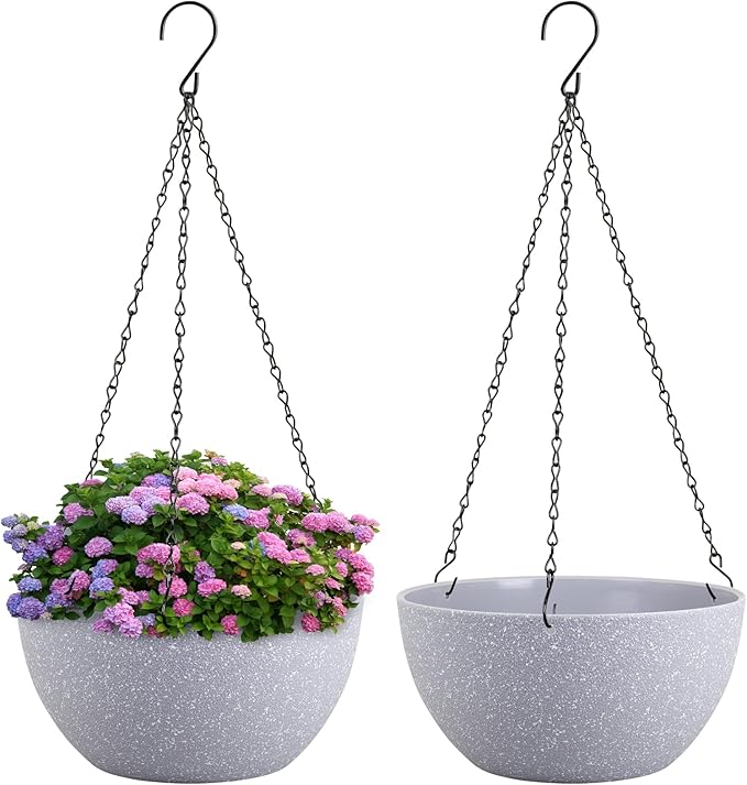 Meowell 8 inch Small Hanging Planters for Indoor Outdoor Plants, 2 Pack Hanging Flower Pots with Drainage Holes and Chain for Garden Porch, Plastic Hanging Baskets for House Plants, Speckled Grey