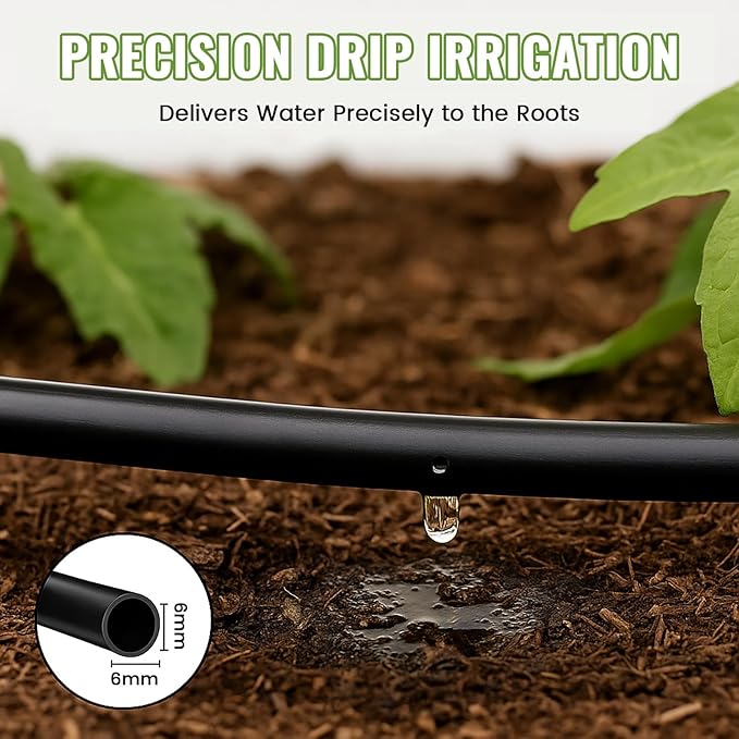 MIXC 1/4" Irrigation Dripline Tubing (100 Ft Roll), Saving 80% Water, 6" Emitter Spacing, 0.5 GPH Emitters Built-In Drip Irrigation Line with 1/4" Fittings Included, Black