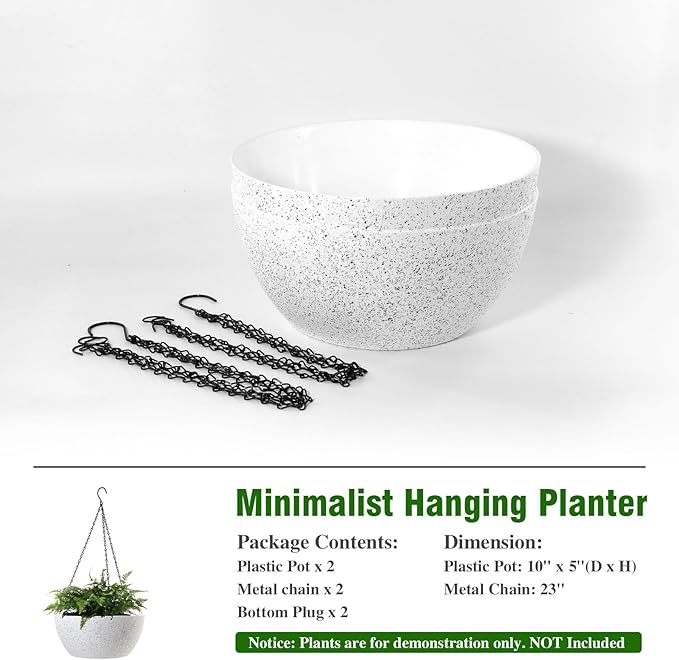 WSMKSZ 10 inch Hanging Planters for Outdoor Indoor Plants with Drainage Holes and Chain, 2 Pack Round Hanging Flower Plant Pots for Garden Home Porch Decor, Speckled White