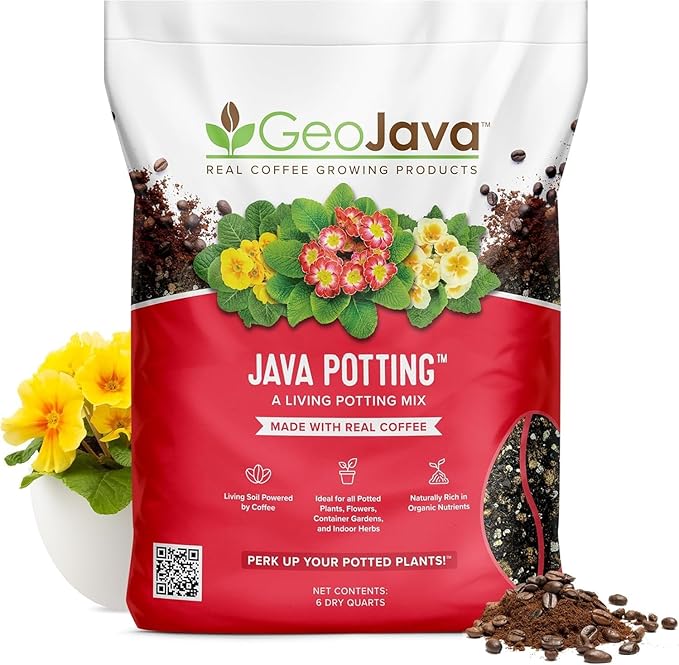 Java Potting Soil: A Well Draining, Coffee‑Infused Living Indoor Mix Ready to Grow. for All Monstera, Calathea, Fiddle Leaf Fig, ZZ, Snake, Spider and Pothos Plants; with Chunky Vermiculite. 6 (QT)