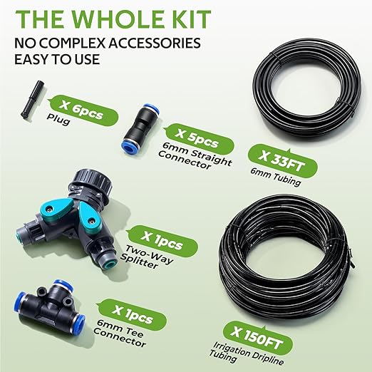 HIRALIY 1/4" Drip Irrigation Tubing Kit, Dripline with 6" Emitter Spacing, Built-in 0.5 GPH Drippers, 6mm 33FT Watering Hose with 2-Way Connector for Garden, Landscape & Greenhouse (Blue, 183FT)