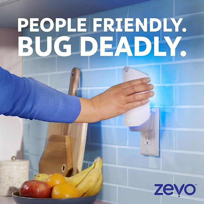 Zevo Flying Insect Trap & 3 Refill Cartridges - Plug in Fly Trap & Indoor Bug Catcher for Gnats, House & Fruit Flies - Blue & UV Light Technology, Mess-Free Alternative to Bug Zapper