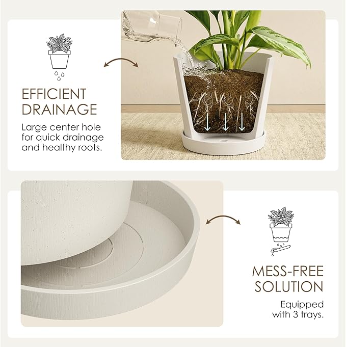 Bamworld 3 Pack Plastic Plant Pots with Drainage Holes and Saucers 6/7/8 Inch 5mm Thick Modern Decorative Flower Pots for Indoor Outdoor Plants White