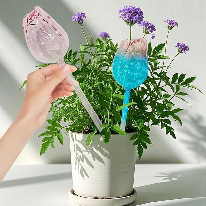 2 PC Plant Watering Globes Tulips, Glass Water Globes for Plants Plant Watering Globes Tulips Insert Spikes Drip Devices Water Spikes for Indoor Plants