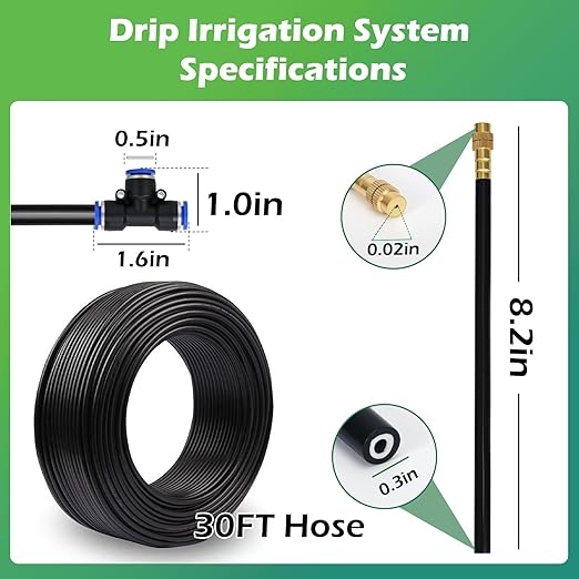Drip Irrigation System 30 FT with 10 Nozzles, 360° Adjustable Bendable Garden Watering Misting System for Greenhouse, Yard, Lawn, Plant, Garden, 0.3 inch Hose