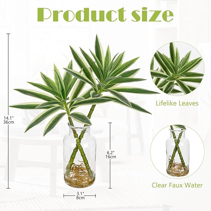 Artificial Plants Stems in Glass Vase with Faux Water,Fake Silk Plant Dracaena Leaves for Centerpiece Table Decorations Farmhouse Wedding Home Greenery Decor (Green and White)