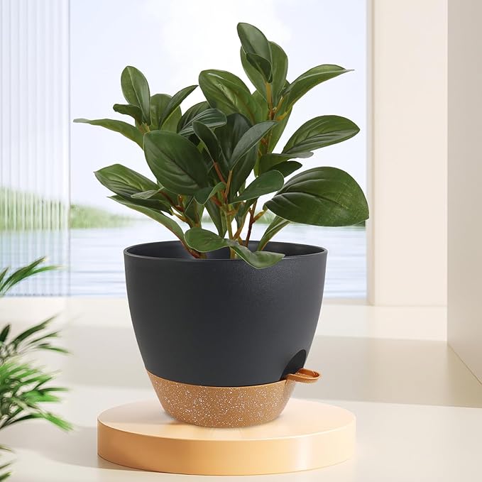 WSMKSZ 12 inch Large Self Watering Pots, Flower Plant Pots with Drainage Holes for Indoor Outdoor Garden Plants, Plastic Planters with Removable Deep Reservoir, Black with Brown