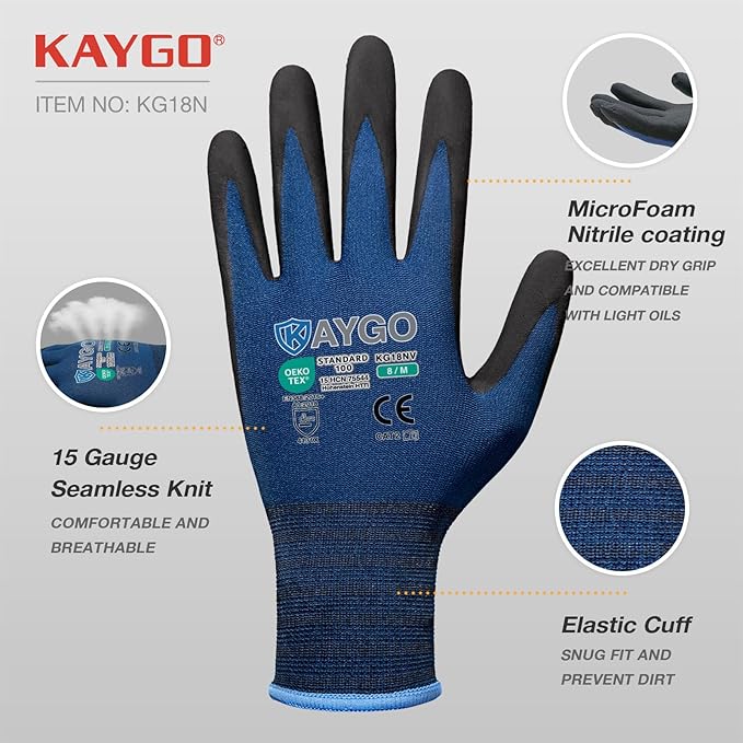 KAYGO Safety Work Gloves MicroFoam Nitrile Coated-12 Pairs, KG18NB,Seamless Knit Nylon Glove with Black Micro-Foam Nitrile Grip,Ideal for General Purpose,Automotive,Home Improvement, Dark Blue, XL